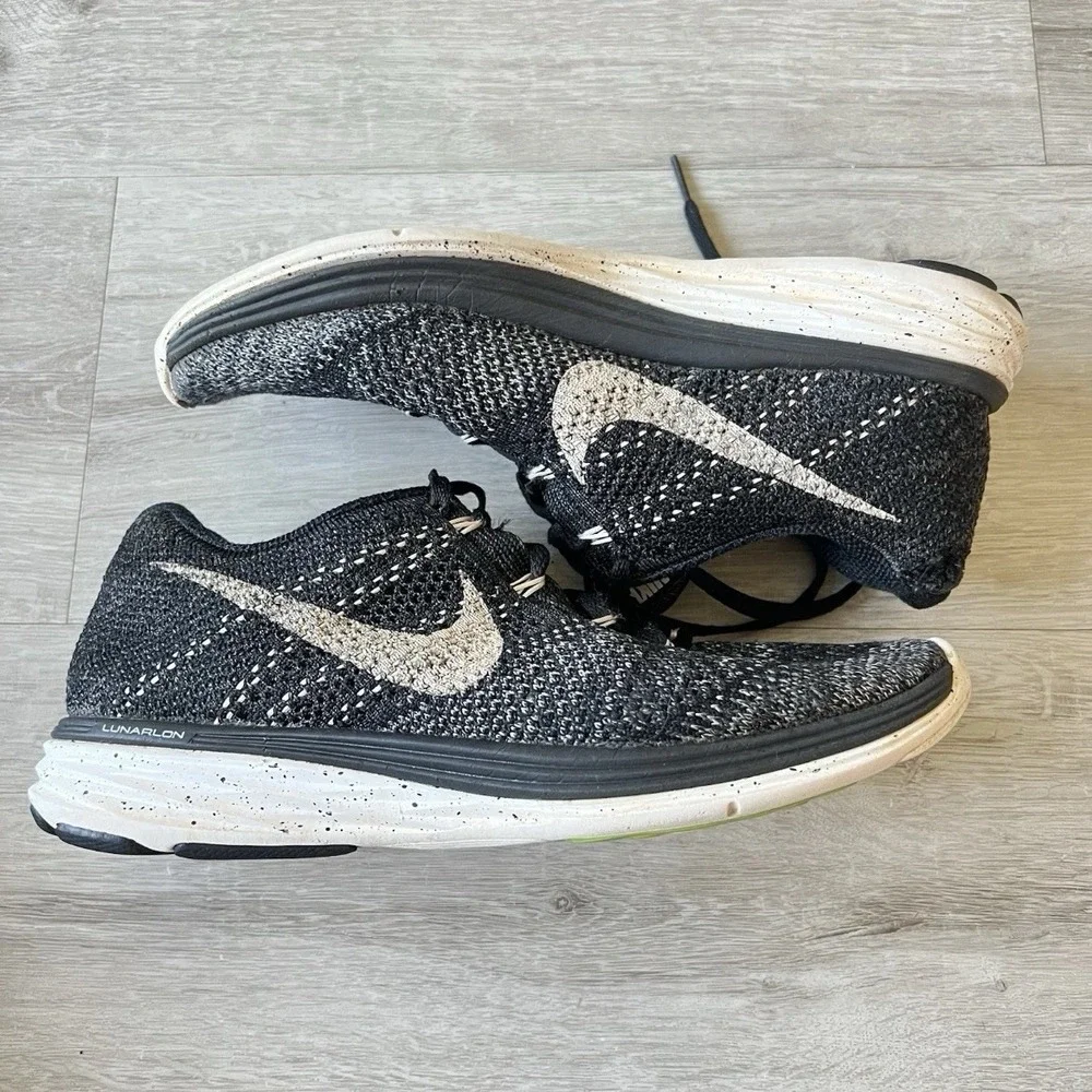 Nike Flyknit Lunar 3 Running Shoes Mens 9 Black White Lunarlon Sneakers